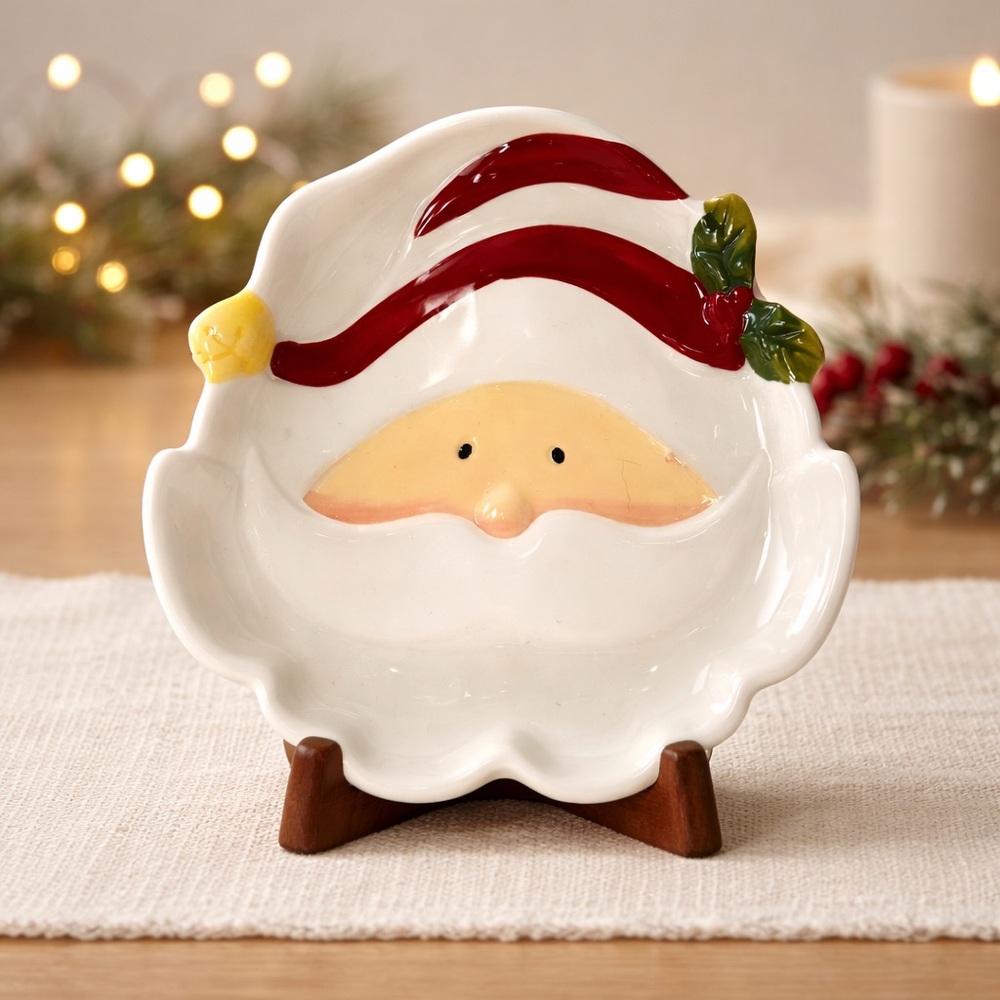 Santa Face Earthenware Christmas Candy Dish Bowl Nuts Snacks Holiday